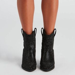 Pale Blush Rhinestone Embellished Western Booties